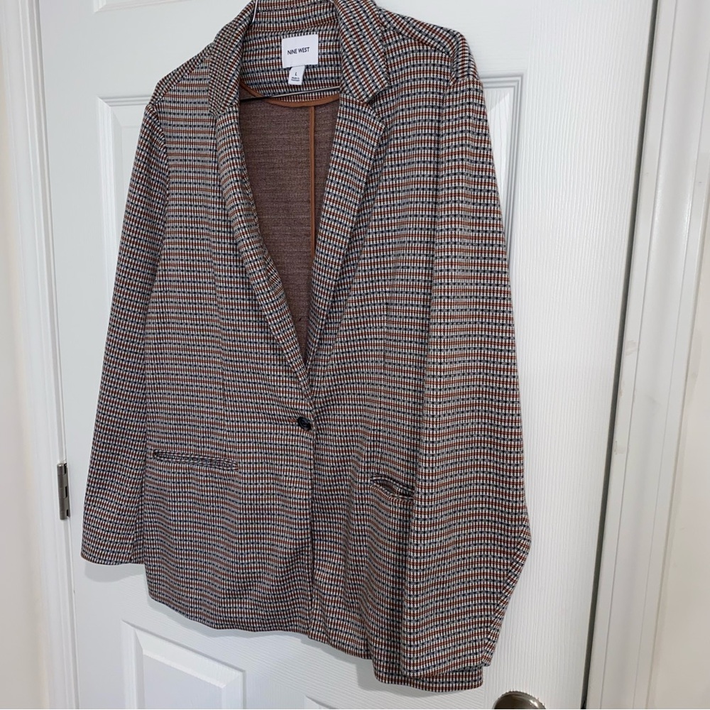 Women’s Houndstooth Blazer - Cinnamon Brown/Rust and Black; Tailored - Size L